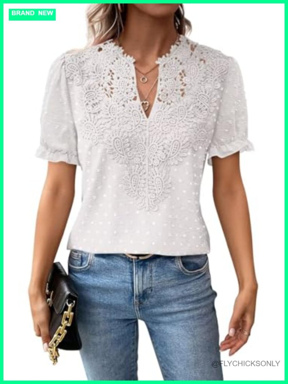 Womens V Neck Short Sleeve Boho Chiffon Blouse Lace Hem Tunic Top